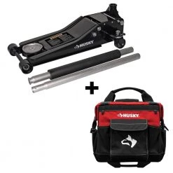 Husky 3-Ton Low Profile Floor Jack with Quick Lift with 14 in. 13 Pocket Rolling Tool Bag