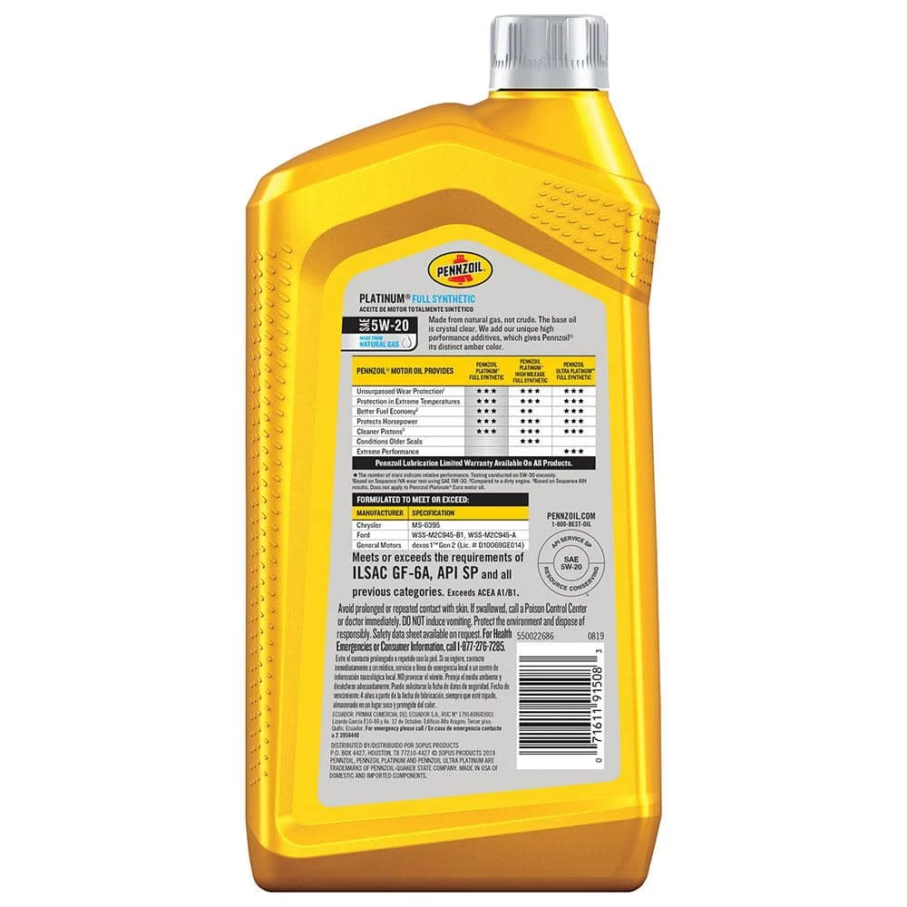 Pennzoil Platinum SAE 5W-20 Full Synthetic Motor Oil 1 Qt. 4 Pennzoil Platinum SAE 5W-20 Full Synthetic Motor Oil 1 Qt. - Image 2