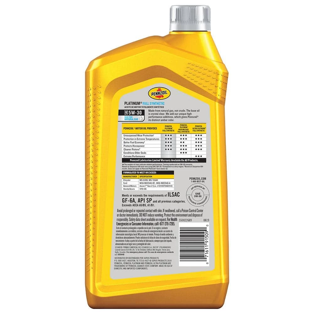 Pennzoil Platinum SAE 5W-30 Full Synthetic Motor Oil 1 Qt. 4 Pennzoil Platinum SAE 5W-30 Full Synthetic Motor Oil 1 Qt. - Image 2