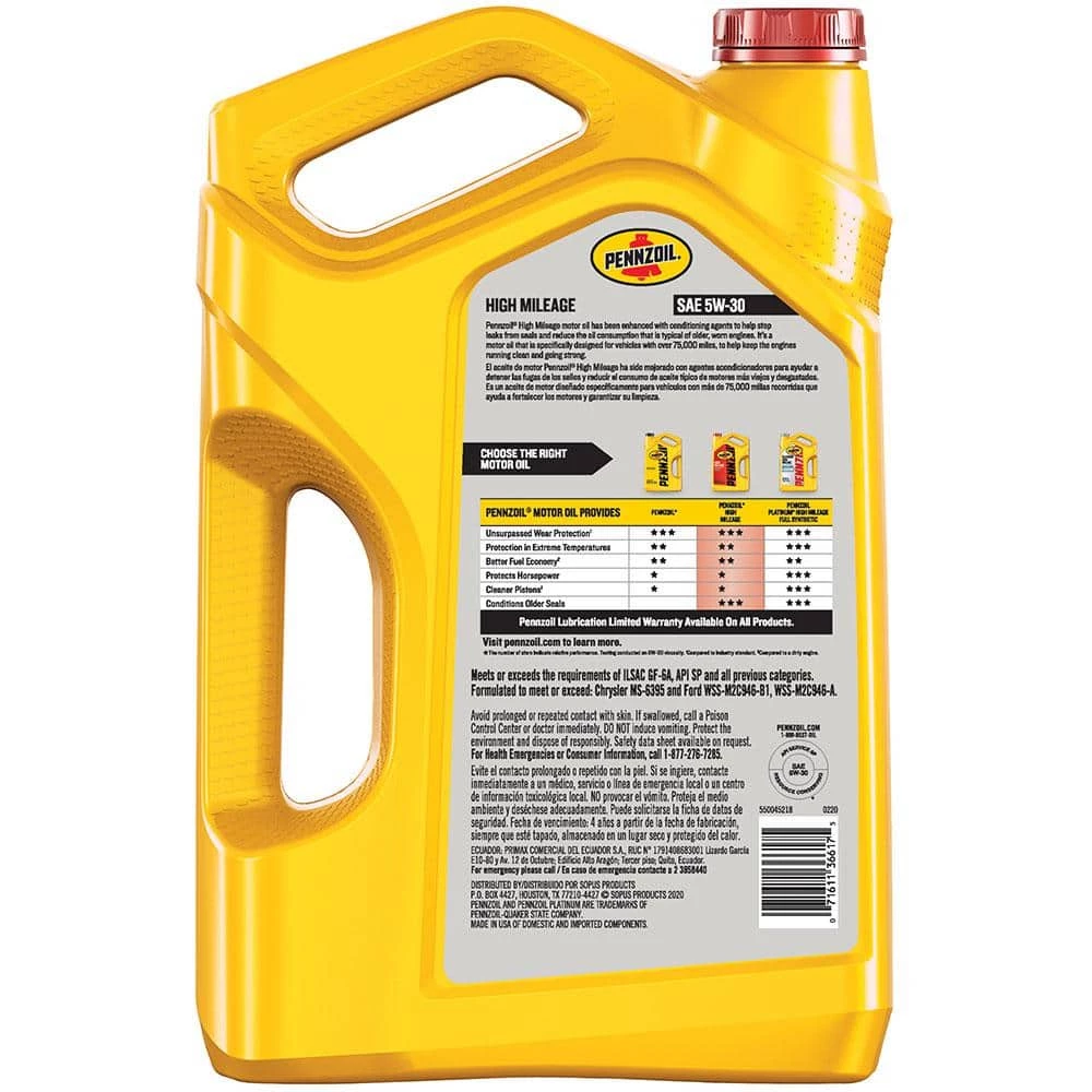 Pennzoil High Mileage SAE 5W-30 Synthetic Blend Motor Oil 5 Qt. 4 Pennzoil High Mileage SAE 5W-30 Synthetic Blend Motor Oil 5 Qt. - Image 2