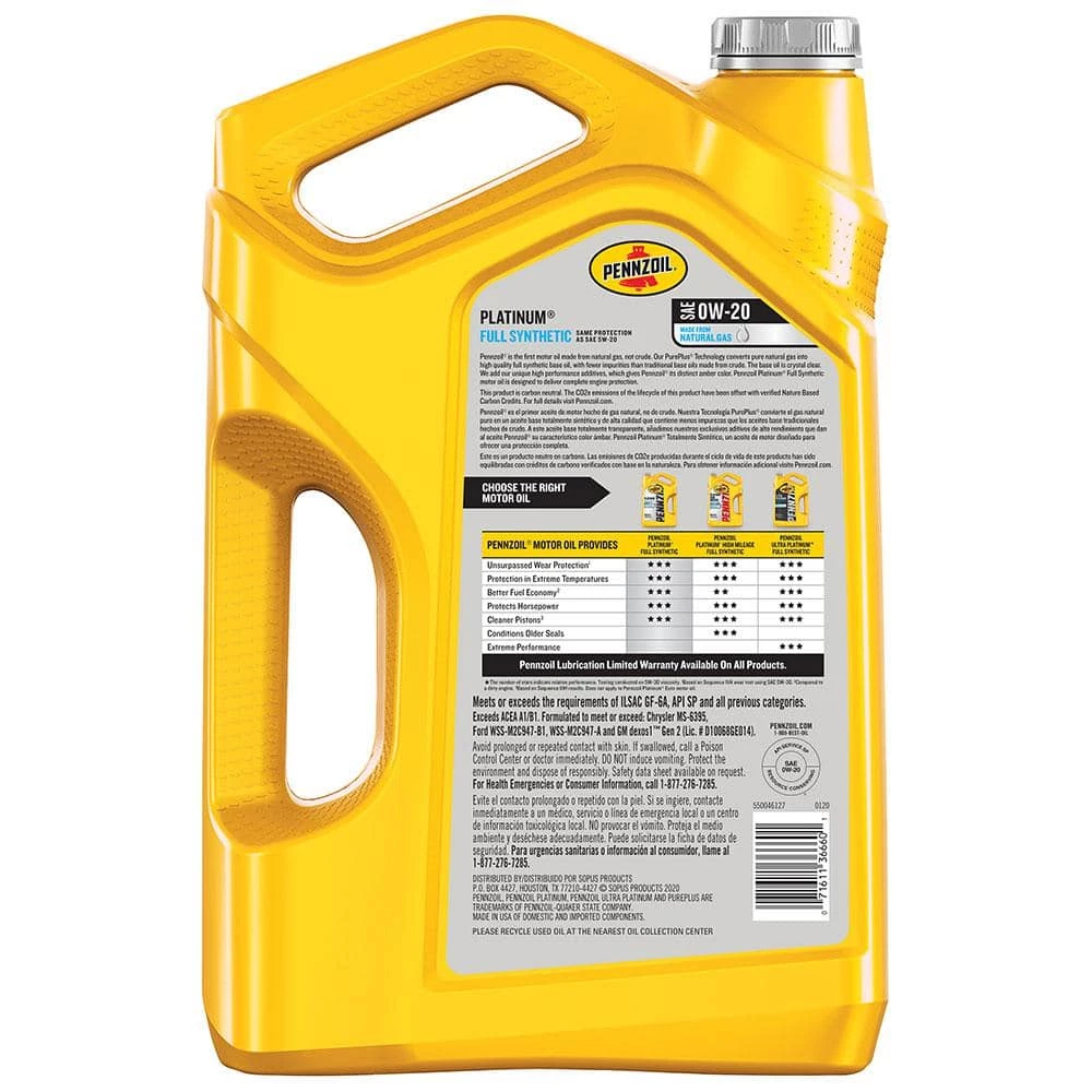 Pennzoil Platinum SAE 0W-20 Full Synthetic Motor Oil 5 Qt. 4 Pennzoil Platinum SAE 0W-20 Full Synthetic Motor Oil 5 Qt. - Image 2