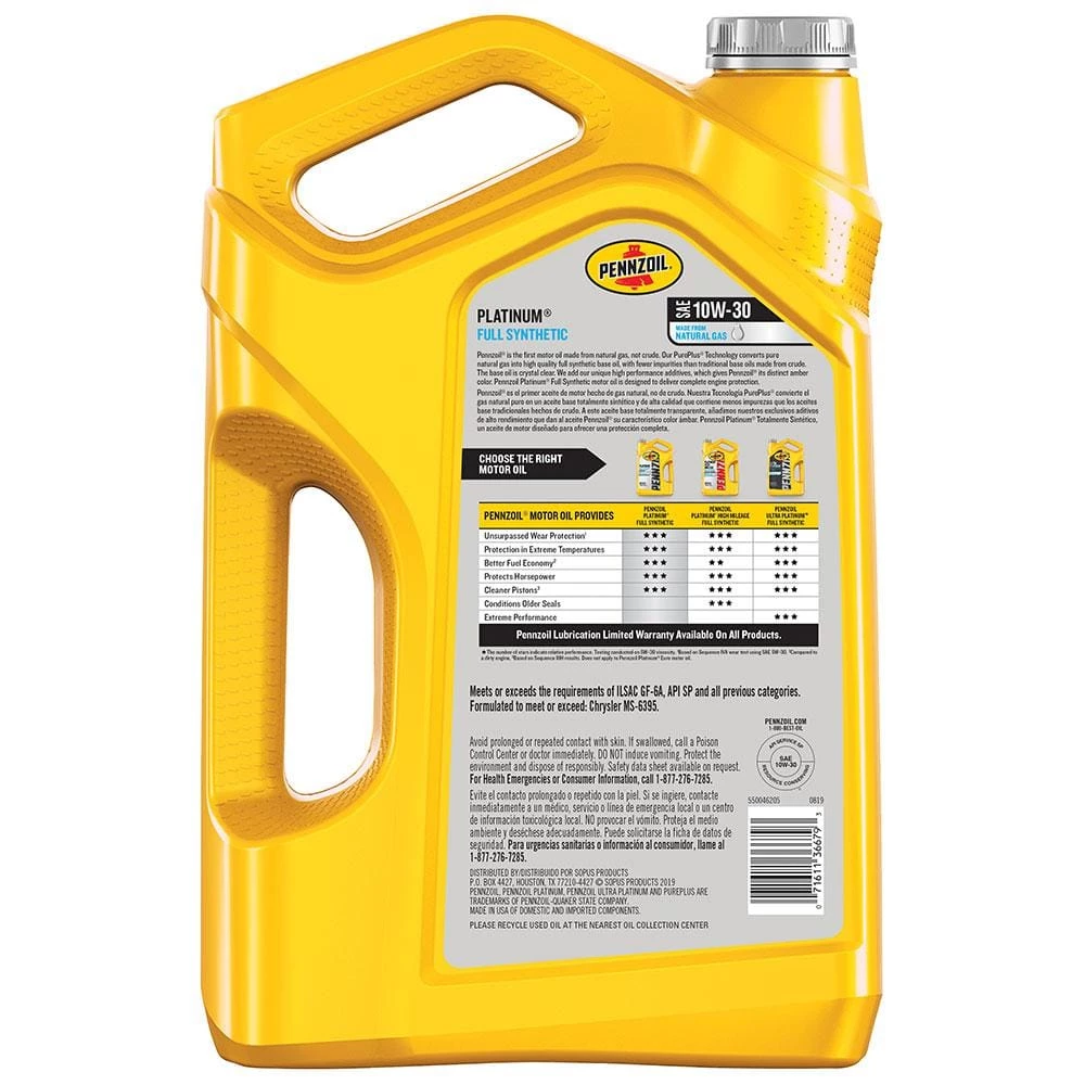 Pennzoil Platinum SAE 10W-30 Full Synthetic Motor Oil 5 Qt. 4 Pennzoil Platinum SAE 10W-30 Full Synthetic Motor Oil 5 Qt. - Image 2