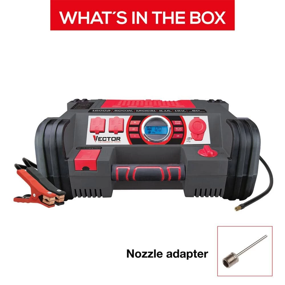 Vector 1200 Peak Amp Jump Starter, Dual Power Inverter, 120 PSI Air Compressor, USB Charging Port, Rechargeable 5 Vector 1200 Peak Amp Jump Starter, Dual Power Inverter, 120 PSI Air Compressor, USB Charging Port, Rechargeable - Image 3